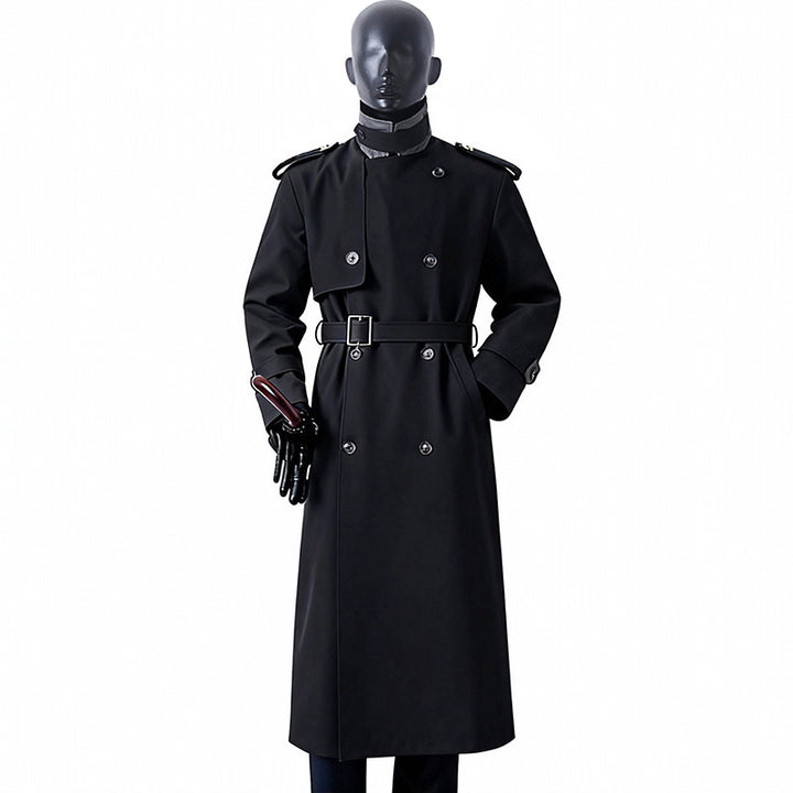 Herren Zeitloser Maxilanger Trenchcoat im Military-Stil mit Sturmklappe und Taillengürtel Drune