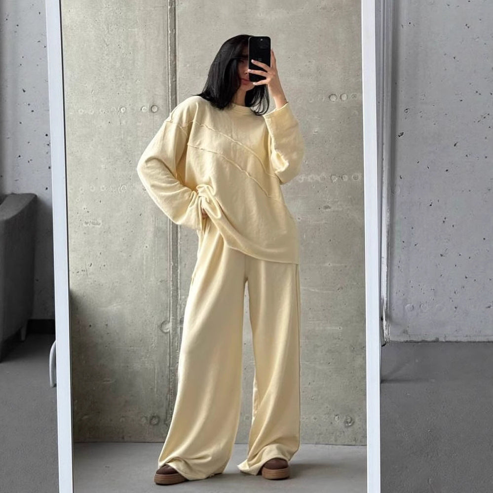 Damen weiches Oversize Lounge-Set mit diagonalem Ziernähten und extra weiter Palazzo-Hose Drune