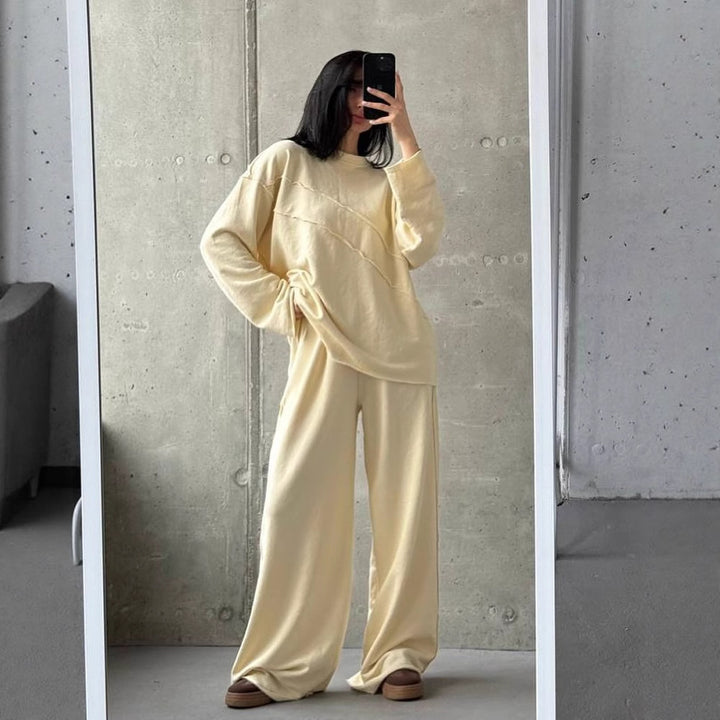 Damen weiches Oversize Lounge-Set mit diagonalem Ziernähten und extra weiter Palazzo-Hose Drune