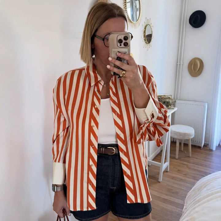 Damen Gestreifte Oversize-Hemdbluse mit Bindebändern an Ärmeln und verdeckter Knopfleiste Drune