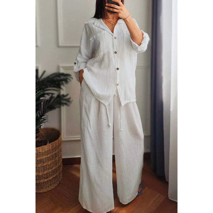 Damen Leinen-Set mit weiten Hosen undlässiger Bluse Drune