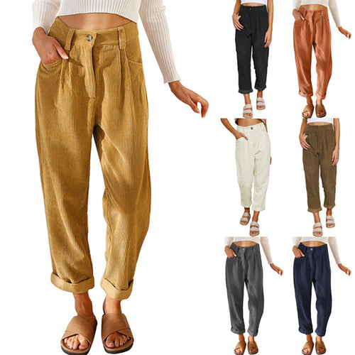 Damen Hochtaillierte Kordhose mit Falten, lockerer Passform und umgeschlagenem Saum Drune
