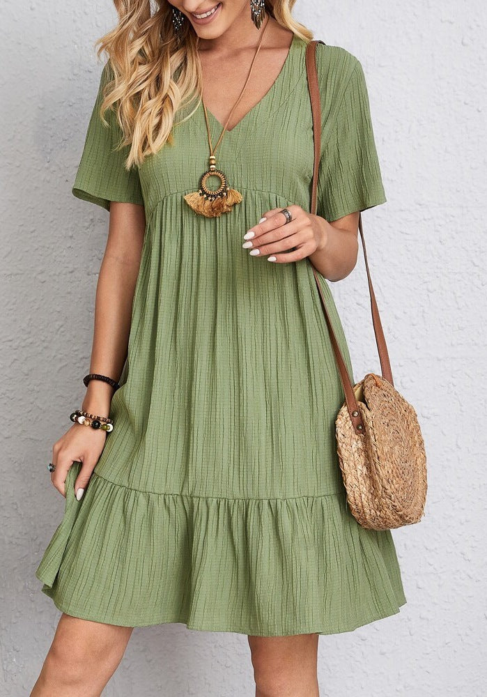 Damen nan Crinkle-Sommerkleid mit V-Ausschnitt, Empirenaht und Volant-Saum Drune