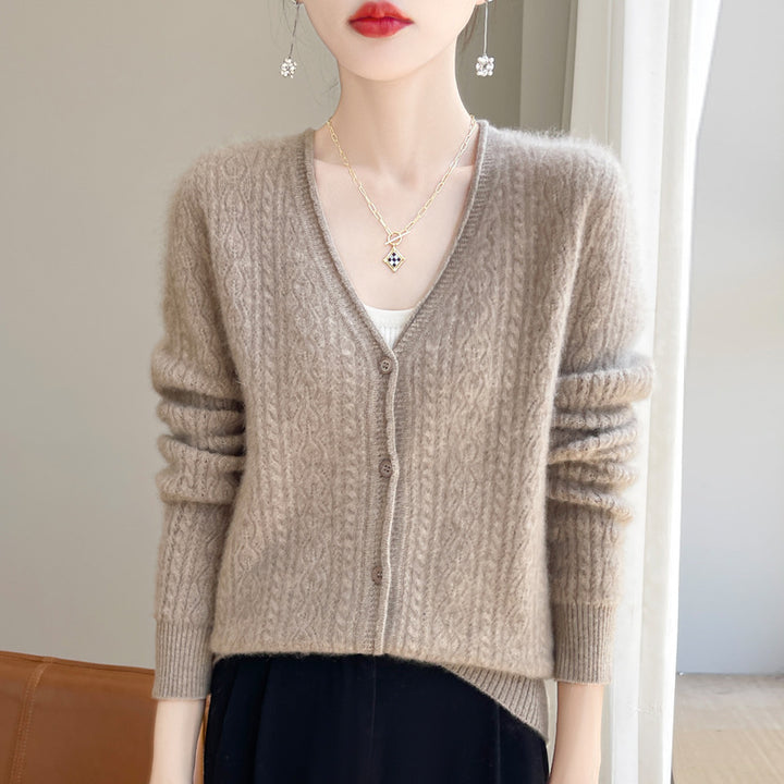 Damen Kurzer Zopfmuster-Cardigan im Mohair-Look mit V‑Ausschnitt und gerippten Bündchen Drune
