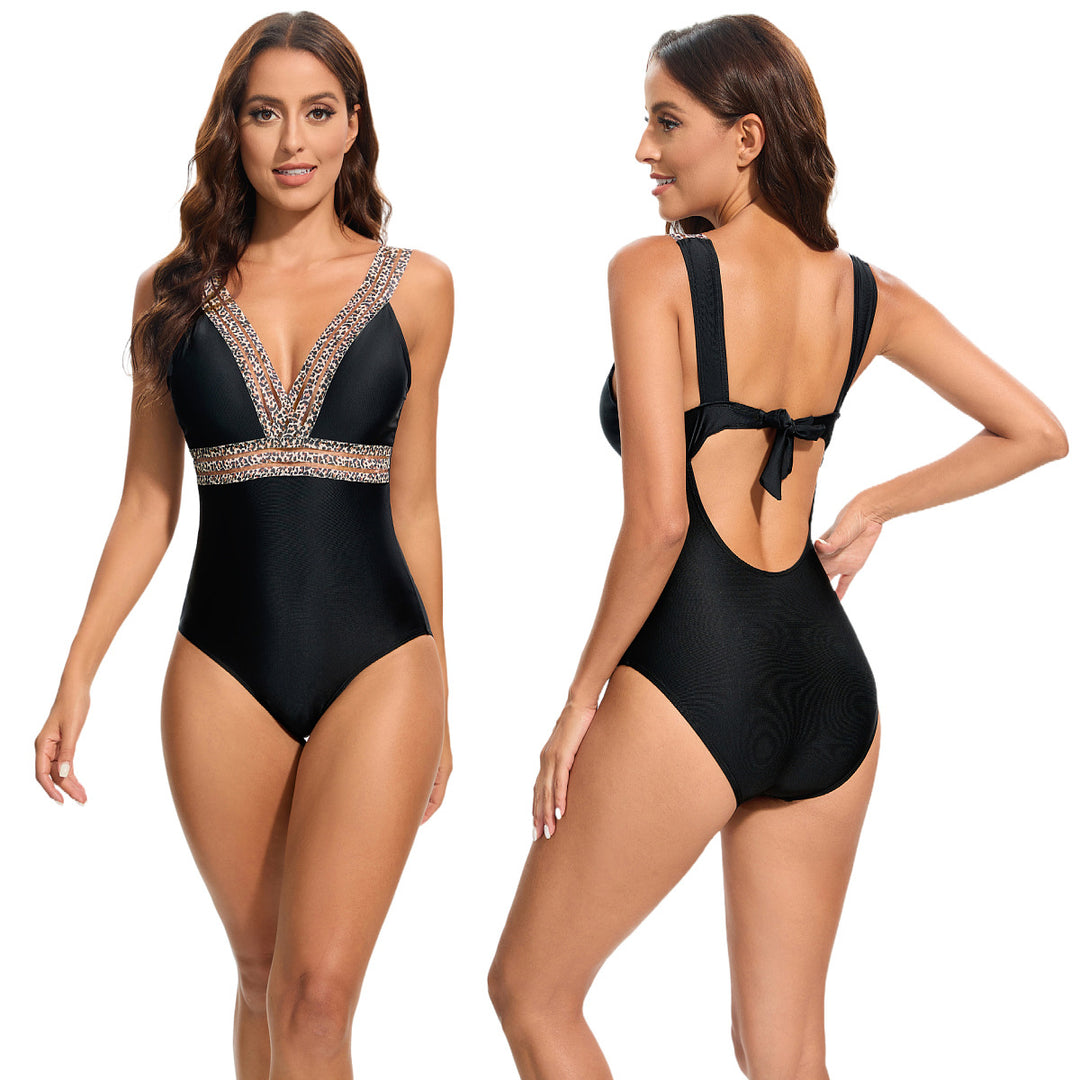 Damen Eleganter Einteiler Badeanzug mit tiefem V-Ausschnitt und funkelnden Akzenten Drune