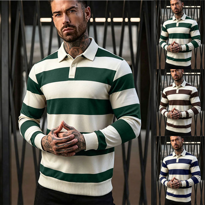 Herren gestreifter Rugby-Polo-Pullover mit Knopfleiste und Rippbündchen Drune