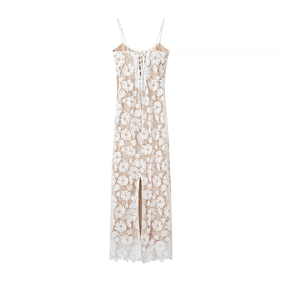 Damen Spitzenkleid mit feinen Rüschen und Spaghettiträgern Drune