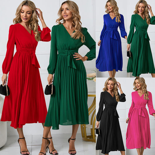 Damen Plissiertes Wickel‑Midikleid mit Taillengürtel und V‑Ausschnitt Drune