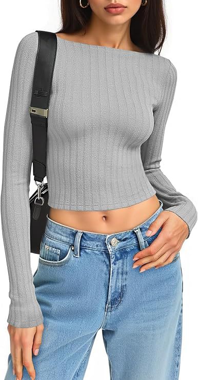 Damen Tailliertes Ripp-Cropped-Longsleeve mit U-Boot-Ausschnitt und Stretch-Baumwollmix Drune