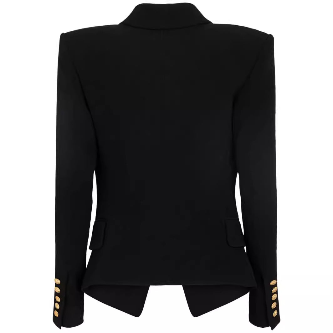 Damen Figurnaher Smokingblazer im Tailoring mit betonter Schulter und goldener Zierknopfleiste Drune
