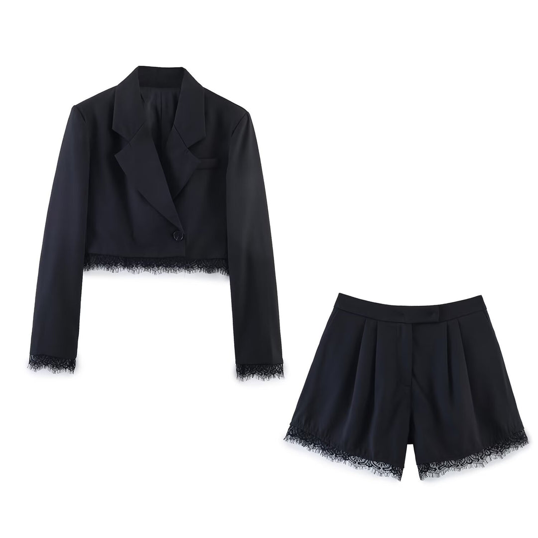 Damen Cropped-Blazer mit Spitzenbordüre, taillierter Ein-Knopf-Silhouette Drune