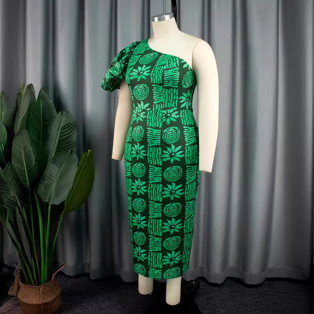 Damen körpernahe Midi-Kleid mit asymmetrischem Schnitt und voluminösen Puffärmeln Drune