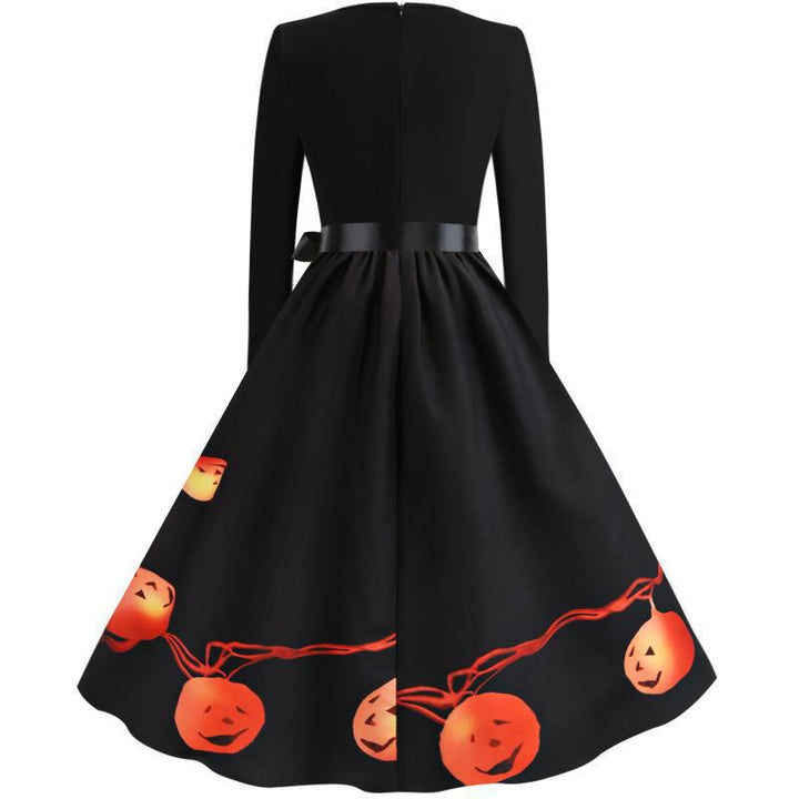 Damen Schwingendes Kleid mit Halloween-Kürbismotiv, Langarm und Taillenschleife Drune