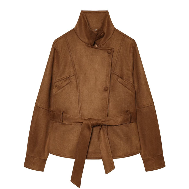 Damen Taillierte Kurzjacke aus weichem Veloursimitat mit asymmetrischer Knopfleiste und Bindegürtel Drune