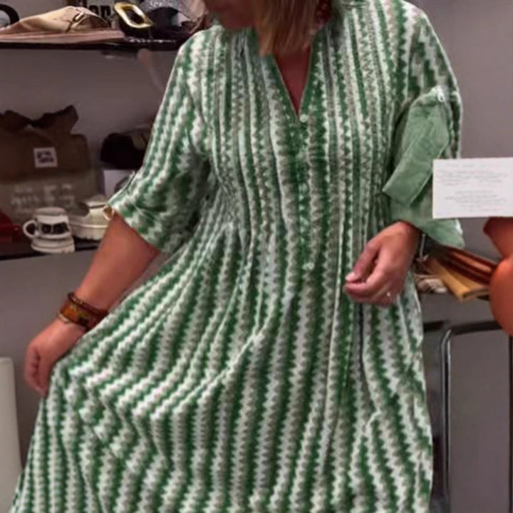 Damen nan Midikleid mit Unterbrustnaht, V-Ausschnitt, Knopfleiste und krempelbaren dreiviertelärmeln Drune