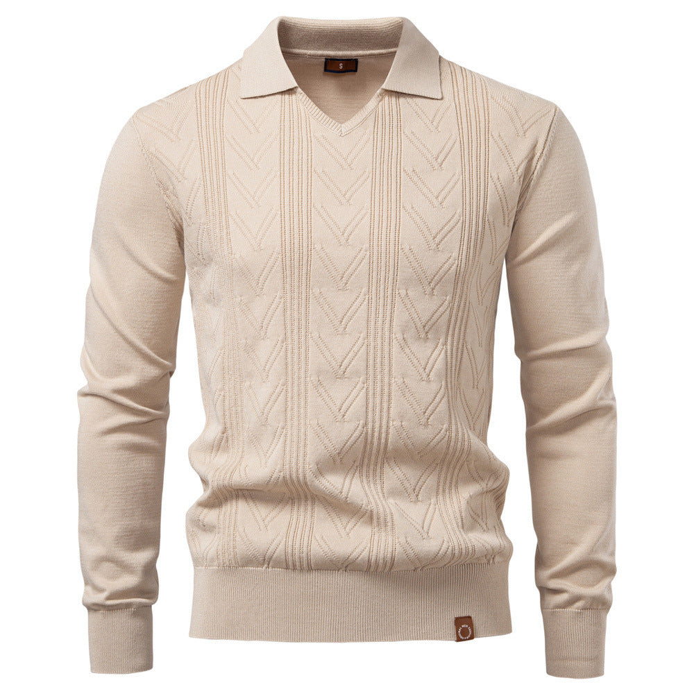 Herren nan feiner Strick-Polopullover mit V-Ausschnitt, Zickzackstruktur und Kentkragen Drune
