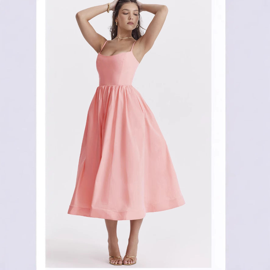 Damen elegantes Midikleid mit Spaghetti-Trägern und fließendem Rock Drune