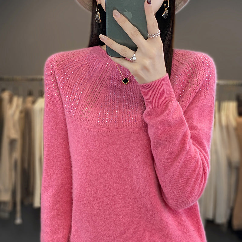 Damen Weicher Kaschmir‑Optik Feinstrickpullover mit Ajour‑Yoke und Paillettenbesatz Drune