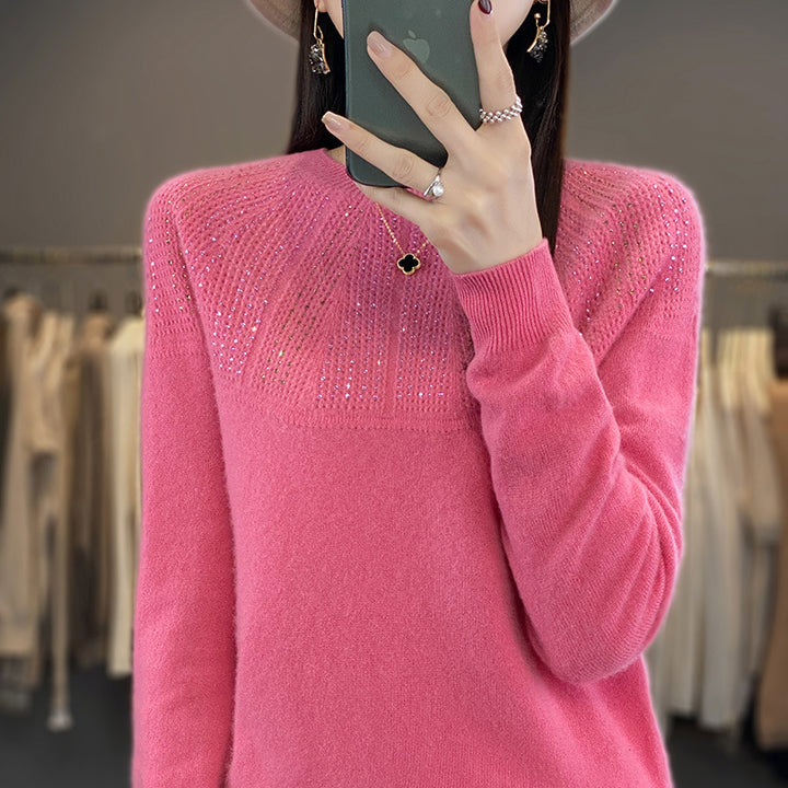 Damen Weicher Kaschmir‑Optik Feinstrickpullover mit Ajour‑Yoke und Paillettenbesatz Drune