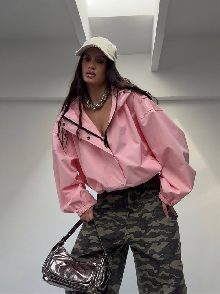Damen Oversize Windbreaker Jacke mit Kapuze und kurzem Cropped‑Schnitt Drune