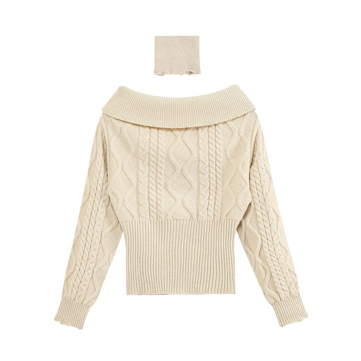 Damen Schulterfreier Zopfmuster-Pullover mit weitem Umschlagkragen Drune