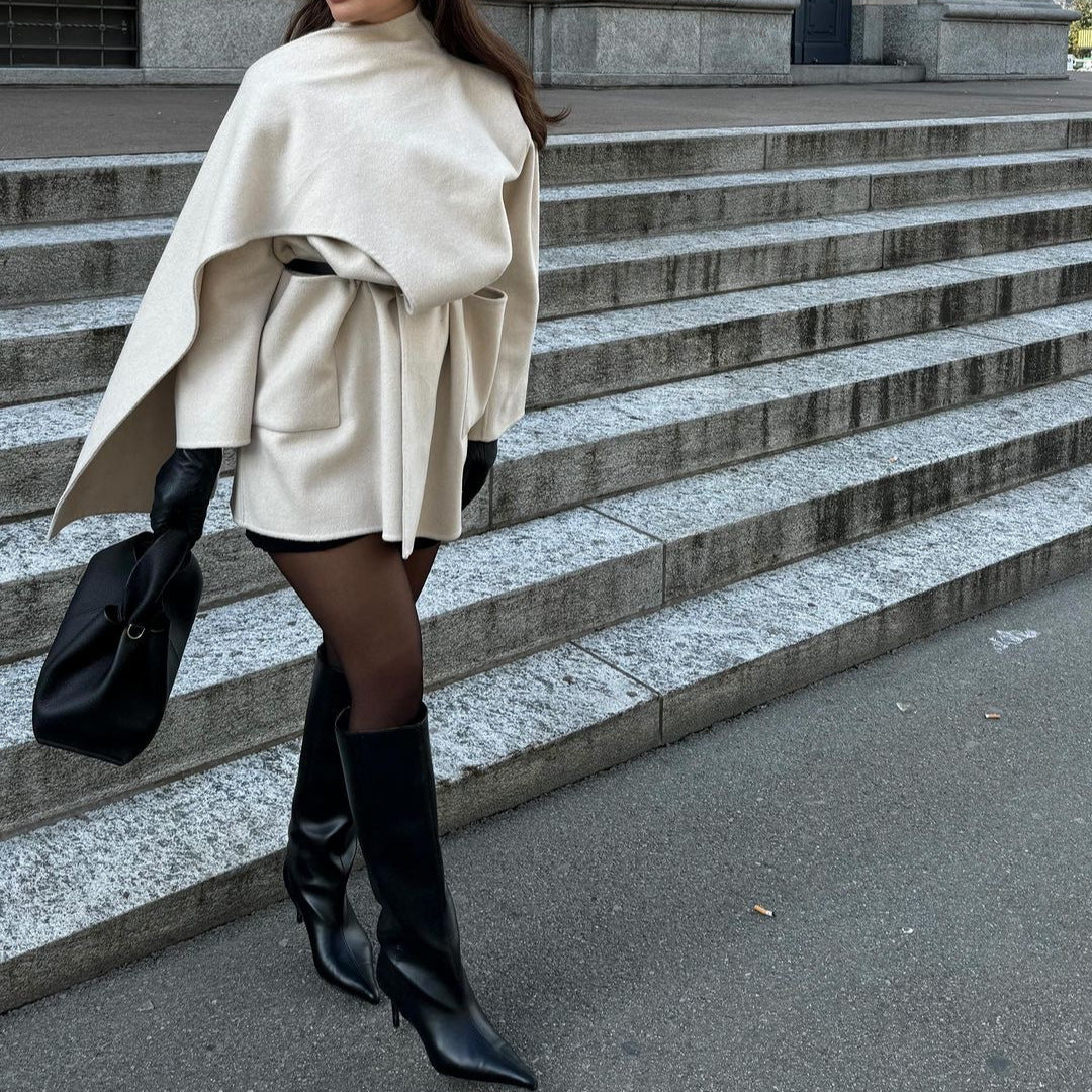 Damen 40+ asymmetrischer Wollmix Cape‑Mantel mit Stehkragen Drune