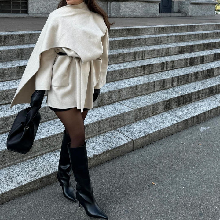Damen 40+ asymmetrischer Wollmix Cape‑Mantel mit Stehkragen Drune