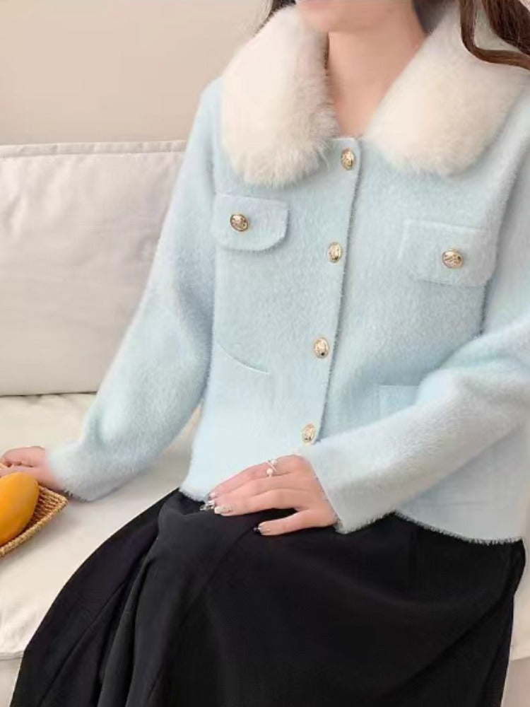 Damen Elegante Kurzjacke mit Kunstfellkragen Drune
