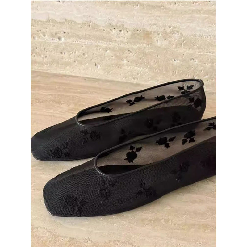 Damen Bestickte Mesh-Ballerinas mit quadratischer Zehenpartie und Rosenstickerei Drune