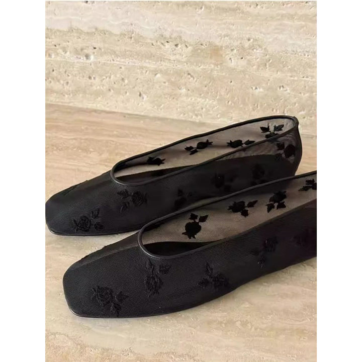 Damen Bestickte Mesh-Ballerinas mit quadratischer Zehenpartie und Rosenstickerei Drune