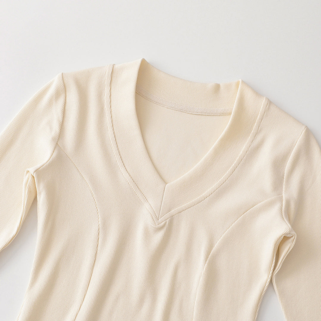 Damen Geripptes Langarmshirt mit V-Ausschnitt und taillierter Schnittführung Drune
