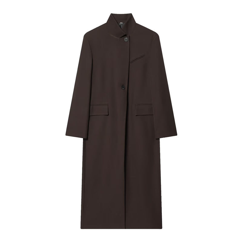 Damen Langer Mantel mit Mandarin-Kragen, minimalistischer Silhouette und verdeckter Knopfleiste Drune