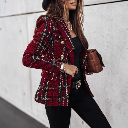 Damen Modischer Tweed-Blazer mit doppelter Knopfleiste und strukturiertem Gewebe Drune