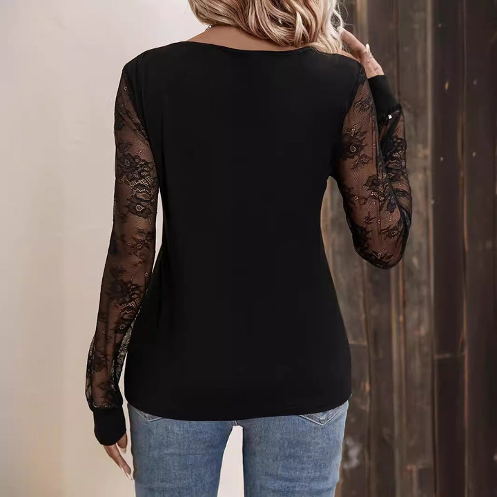 Damen Langarmshirt mit eleganter Spitze und V-Ausschnitt Drune