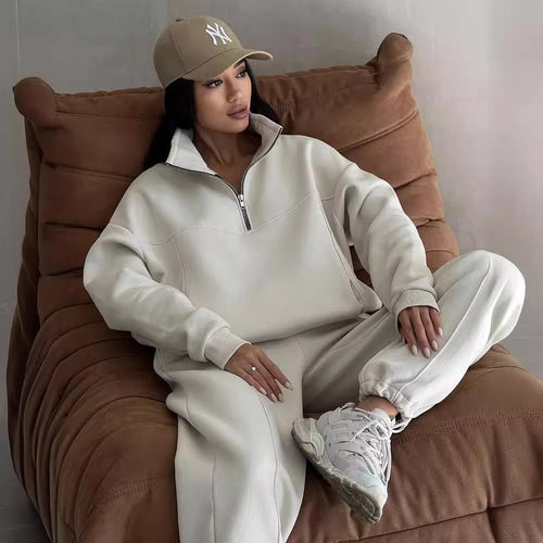 Damen lässiger Kapuzenpullover mit Reißverschluss und passenden Sweatpants Drune