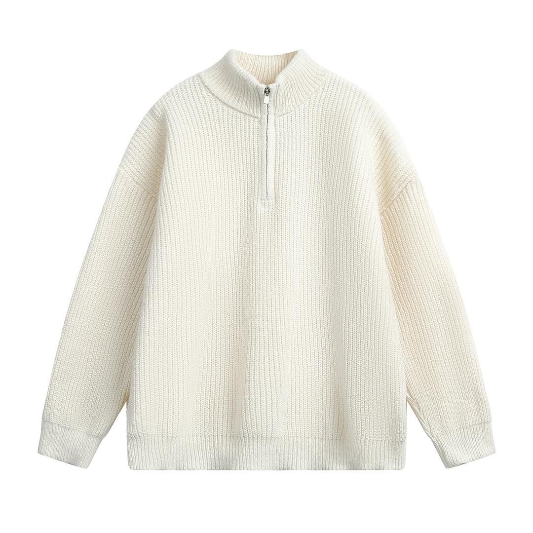 Unisex Oversize Grobstrickpullover mit Halbreißverschluss und Stehkragen Drune