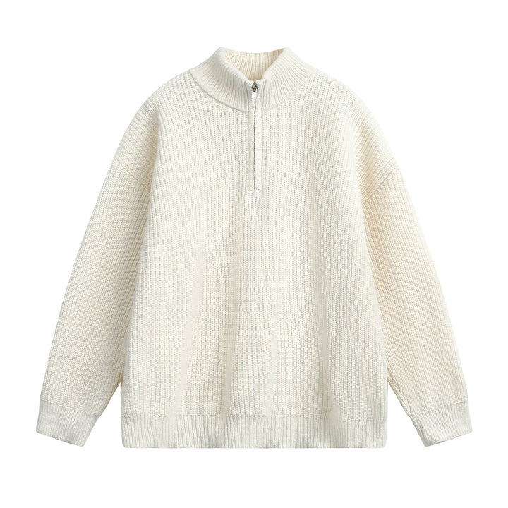Unisex Oversize Grobstrickpullover mit Halbreißverschluss und Stehkragen Drune