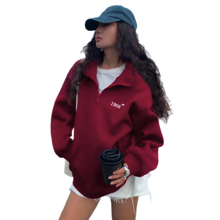 Damen Oversized Sweatshirt mit halbem Reißverschluss, hohem Stehkragen und Kängurutasche Drune