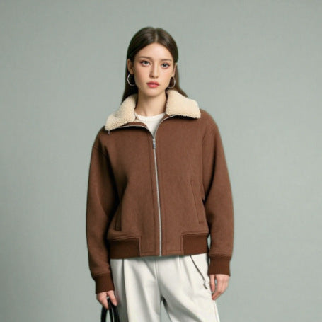 Damen Kurz geschnittene Teddy-gefütterte Wildlederoptik-Fliegerjacke mit Reißverschluss Drune
