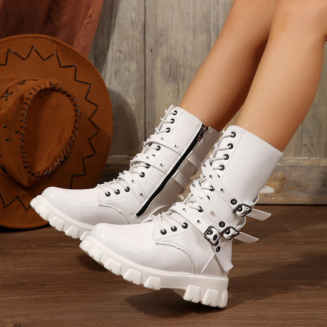 Damen Modische Schnürstiefeletten mit verstellbaren Riemen und robuster Sohle Drune