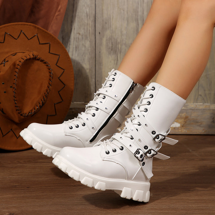 Damen Modische Schnürstiefeletten mit verstellbaren Riemen und robuster Sohle Drune