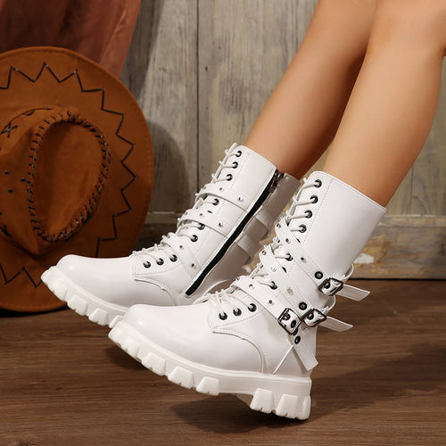 Damen Modische Schnürstiefeletten mit verstellbaren Riemen und robuster Sohle Drune