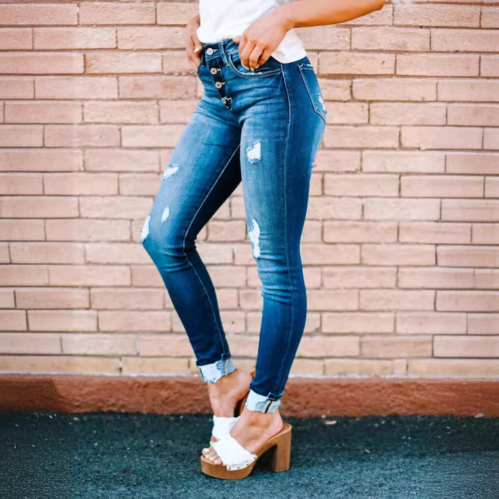 Damen hochtaillierte Skinny Jeans mit ausgefranstem Saum Drune