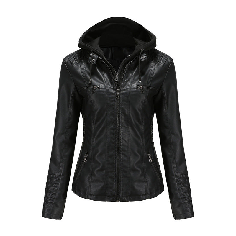 Damen Taillierte Kunstlederjacke mit abnehmbarer Kapuze und Reißverschluss Drune