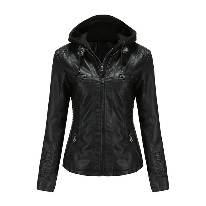 Damen Taillierte Kunstlederjacke mit abnehmbarer Kapuze und Reißverschluss Drune