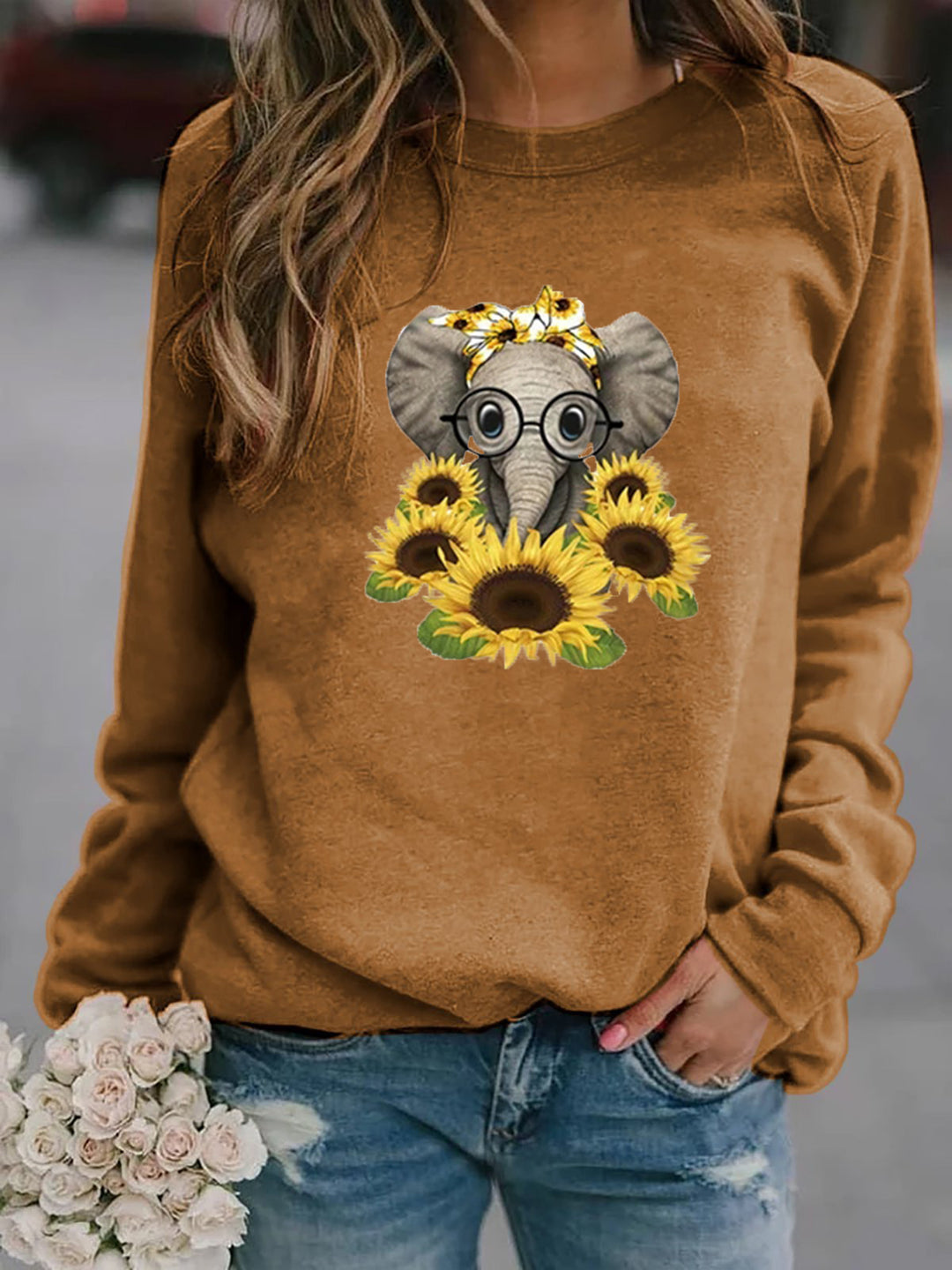 Damen-Sweatshirt mit Elefantenprint, Sonnenblumenmotiv und weichem Fleece Drune