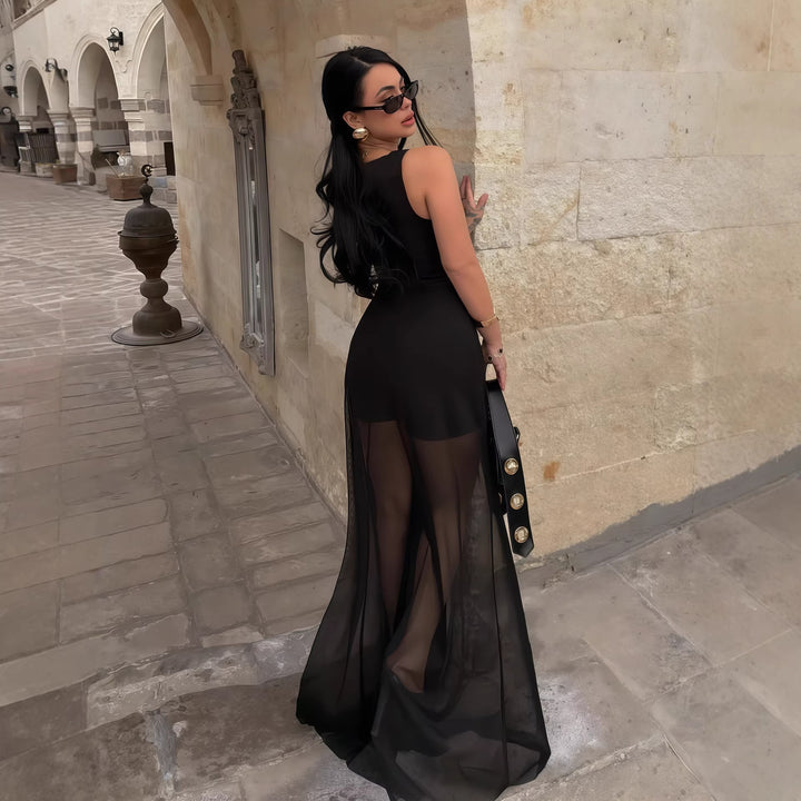 Damen Elegantes Maxi-Kleid mit transparentem Chiffon-Überwurf und figurbetontem Inneren Drune
