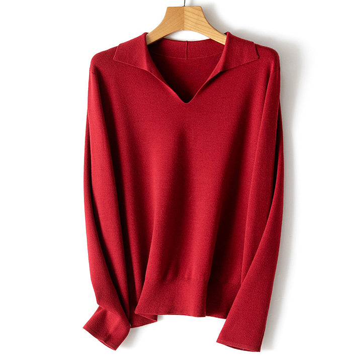 Damen feiner leichter V-Ausschnitt-Pullover mit offenem Hemdkragen und legerer Silhouette Drune