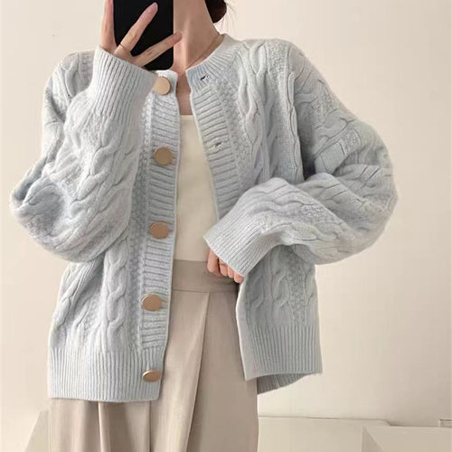 Damen Strickjacke mit Zopfmuster und großen Knöpfen Drune