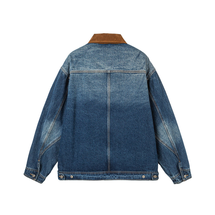 Damen Oversize-Denimjacke mit Velourslederkragen, verdecktem Reißverschluss und markanten Einstecktaschen Drune